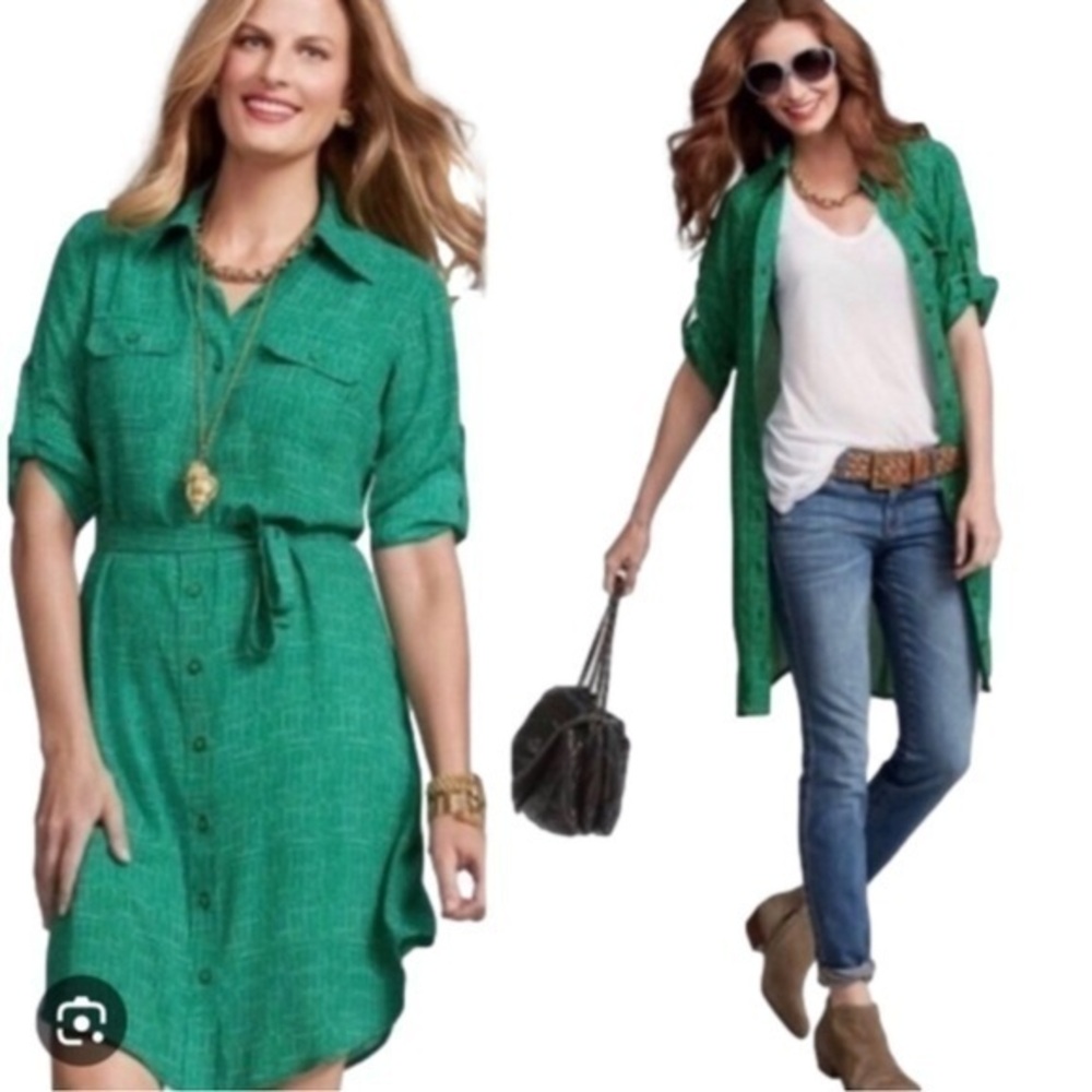 Cabi Print Emerald Green Dot shift button up shirt dress. Size XS